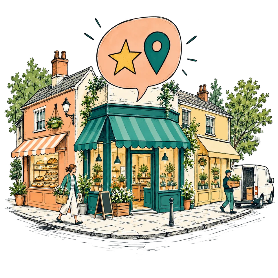 An illustrated neighbourhood of independent shops, a service van, and a star-filled speech bubble above the corner business.