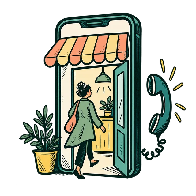 A customer steps through a storefront doorway inside a phone as a telephone rings.