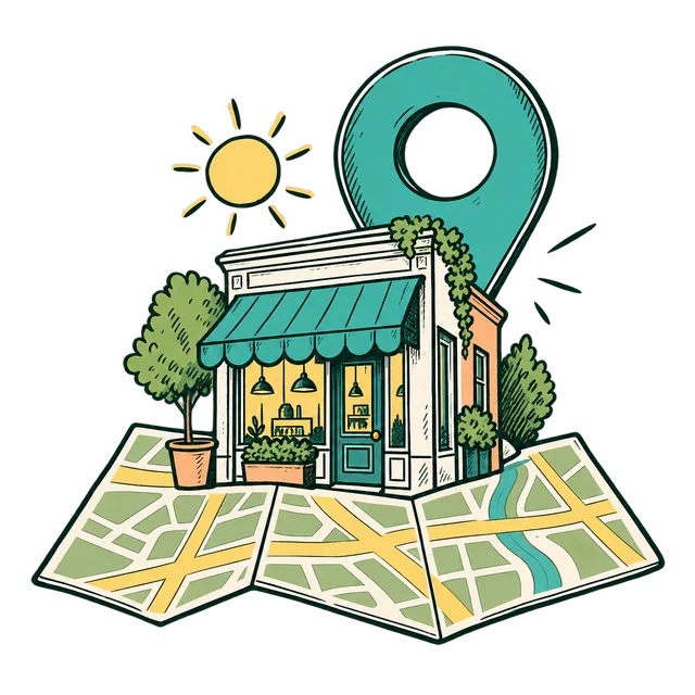 A local storefront appears on a folded map beneath a location pin.