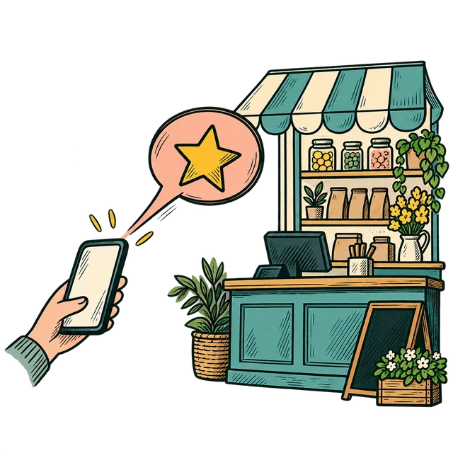 A customer sends a star review from a phone to a local shop.